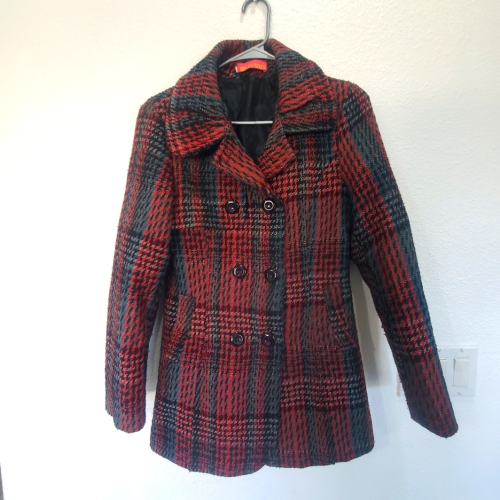 Vintage  checkered red plaid pea retro  wool jacket  vest ‎ coat for woman